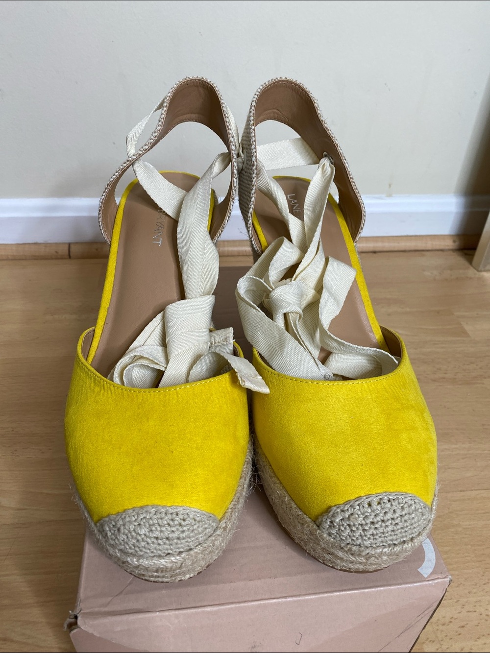 Lane Bryant Yellow Suede Espadrille Wedge Sandals with Cream Wraps